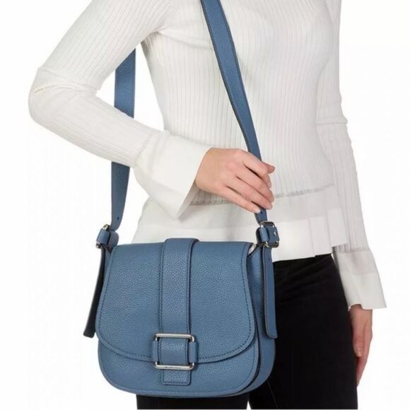 Michael Kors Womens Saddle Bag Maxine Large Blue Pebbled Leather Casual - Picture 16 of 16